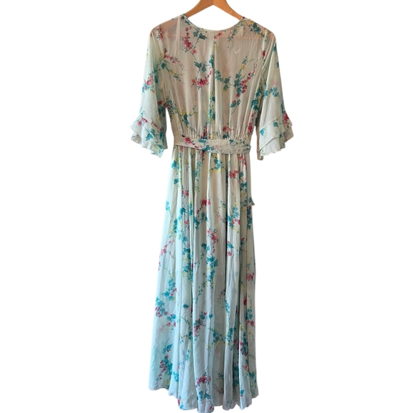Kate & Lily Floral Print Garden Boho  Feminine Maxi Belted Light Green Dress 6 - Picture 3 of 16